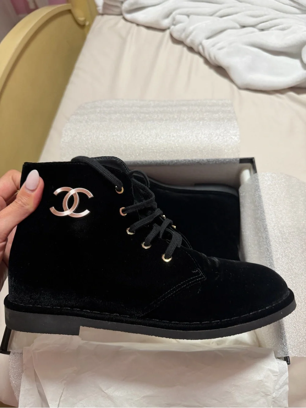 AUTHENTIC Chanel Black Velvet Lace-Up Ankle Short Boots